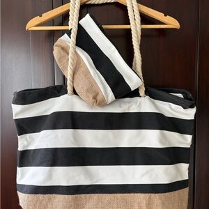Striped Black and White Tote Bag with Pouch